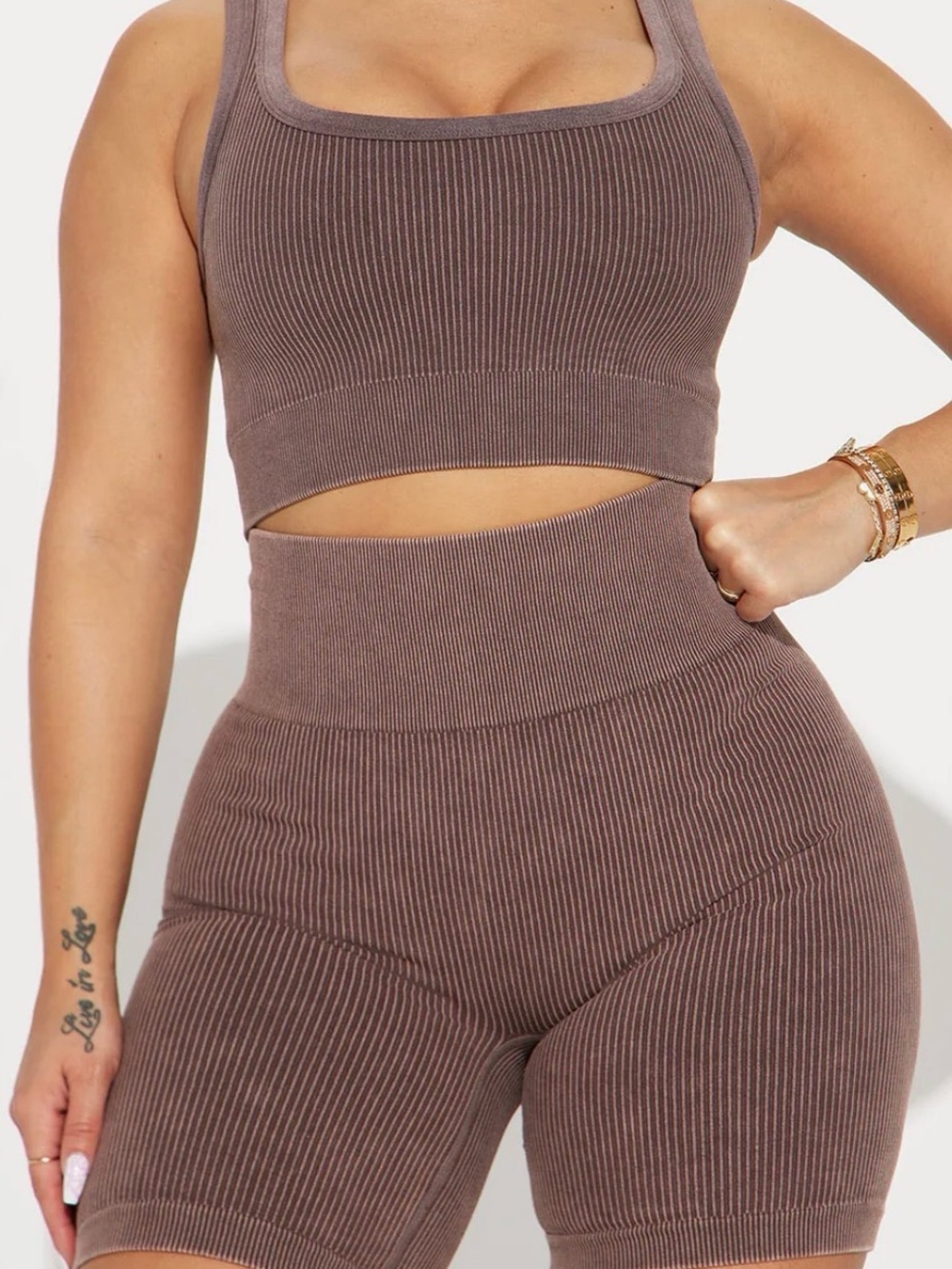Fashion Nova Taupe Ribbed Cutout Crop Top & High-Waist Biker Shorts Set